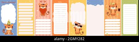 Weekly or daily planner set, note paper, to-do list decorated with cute tiger with Christmas tree, autumn leaves, big heart and sun glasses. Vector Stock Vector