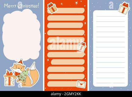 Set of weekly or daily planner, note paper, to do list, stickers templates Merry Christmas decorated by cute fox and Christmas tree On background With Stock Vector