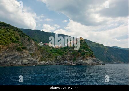 View from the Sea, Corniglia, Cinque Terre, Ligury, Italy, Europe Stock Photo