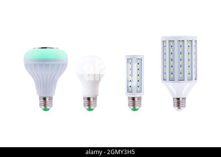 Group of LED energy-saving lamp, screw cap E27 230v isolated on white background. Stock Photo