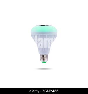 Multi colored LED flashing ceiling lighting with built-in wireless speaker isolated on white background. Stock Photo