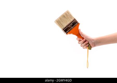 Close up human hand holding a paint brush isolated on white background. Stock Photo