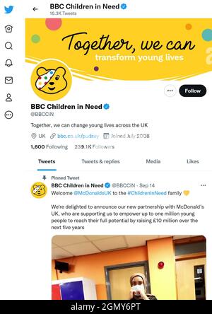 Twitter page (Sept 2021) of BBC Children In Need Stock Photo