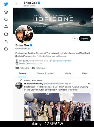 Twitter page (Sept 2021) of Professor Brian Cox Stock Photo