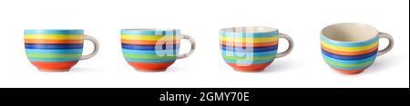 multicolor striped ceramic tea cup with a wide open rim and a small base, single finger hook handle, shot in different angles view Stock Photo
