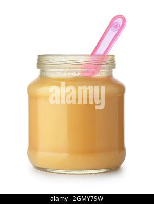 Front view of baby carrot and pumpkin puree in glass jar isolated on white Stock Photo