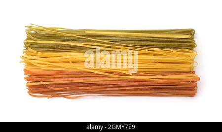 Top view of multicolored ribbon pasta isolated on white Stock Photo