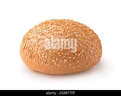 Front view of sesame seed burger bun isolated on white Stock Photo