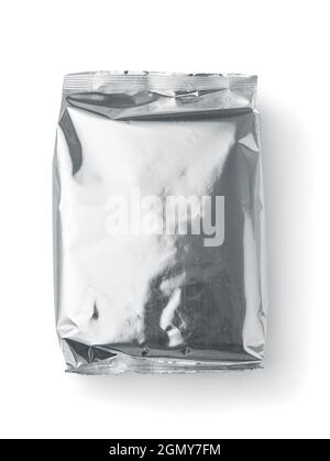 Top view of blank foil food package bag isolated on white Stock Photo
