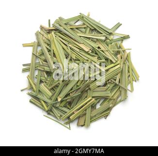 Top view of dried lemongrass herb isolated on white