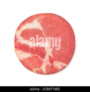 Top view of smoked round  ham slice isolated on white Stock Photo