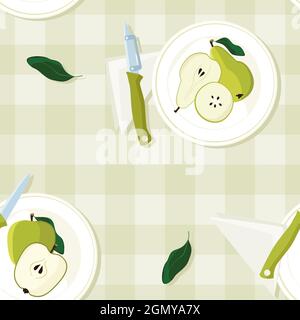 Apple and pear on a plate - vector background Stock Vector