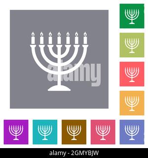 Menorah with burning candles solid flat icons on simple color square backgrounds Stock Vector