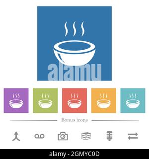 Glossy steaming bowl flat white icons in square backgrounds. 6 bonus icons included. Stock Vector