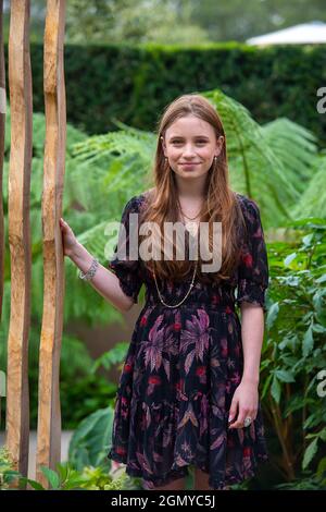 Chelsea, London, UK. 20th September, 2021. Actress Dixie Egerickx in the Boodles Secret Garden. Dixie starred as the lead role of Mary Lennox in the remake of the The Secret Garden and was wearing a pretty dress and Boodles jewellery. The RHS Chelsea Flower Show is a little different this year being held in the Autumn instead of early Summer. Credit: Maureen McLean/Alamy Stock Photo