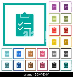 Checklist solid flat color icons with quadrant frames on white background Stock Vector