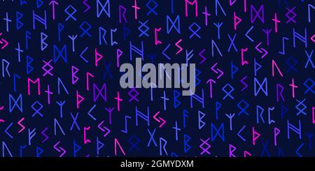 Runes seamless ethnic pattern. Runic alphabet, Futhark. Ancient norse occult symbols, bright vikings letters on dark blue, rune font. Design for fabri Stock Vector