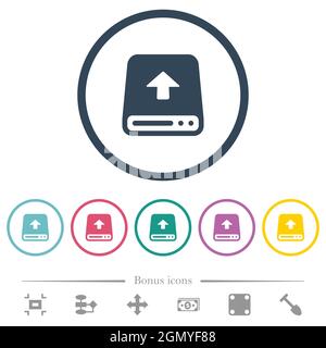 Upload from hard disk flat color icons in round outlines. 6 bonus icons included. Stock Vector