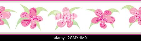 Sakura blossom seamless vector border background. Banner with pink cherry petals and,leaves, striped edging. Feminine romantic horizontal repeat Stock Vector