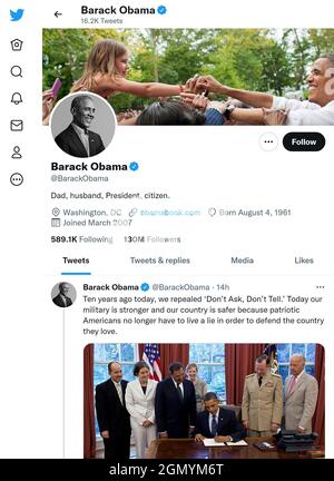 Twitter page (Sept 2021) of Barack Obama, for US President Stock Photo