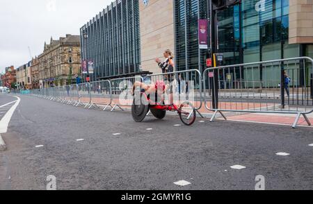 Elite wheelchair athletes competing in the 2021 Great North Run, GNR40 around Newcastle city center. Stock Photo