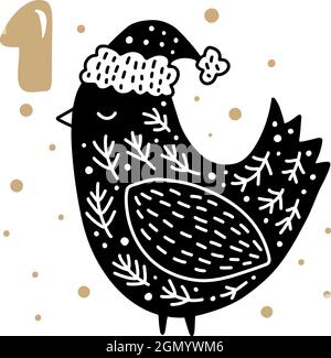 Advent calendar with cute scandinavian hand drawn vector. Twenty-four days before Christmas. First Day. Illustration of bird in winter hat Stock Vector