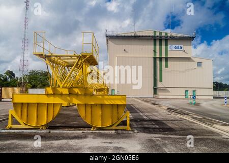 KOUROU, FRENCH GUIANA - AUGUST 4, 2015: Horizontal assembly and processing facility at Soyuz Launch Complex at Centre Spatial Guyanais (Guiana Space C Stock Photo