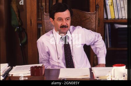 Austin Texas USA, circa 1985: Texas Agricultural Commissioner JIM HIGHTOWER in his office at the state agency he heads. ©Bob Daemmrich Stock Photo