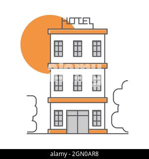 Three storey hotel building. Cartoony tall multi storeyed building. Flat style illustration. Stock Vector