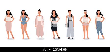 Stylish modern woman in flat style. Vector female characters in different clothes. Comfortable home clothes. Evening outfit. Office suit Stock Vector