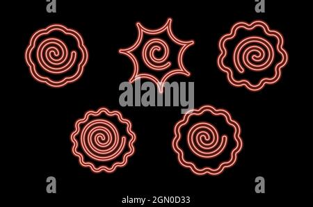 Narutomaki or kamaboko surimi icons set red neon color in black Stock Vector
