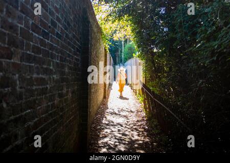 Woman wearing long lemon skirt and sunhat walking down Mytten Twitten in Cuckfield near Haywards Heath , Sussex , England , UK Stock Photo