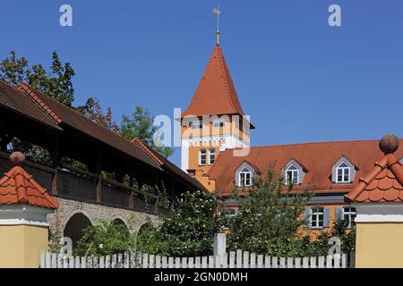 City wall with battlement and stork tower, Upper Town of Dingolfing, Lower Bavaria, Bavaria, Germany Stock Photo