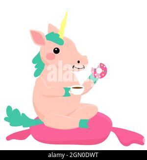 Pink unicorn sitting and eating donut with tea. Vector cute illustration isolated on white. Stock Vector