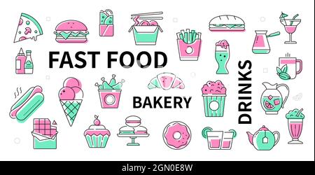 Fast food, bakery and drinks - line design icon set in gentle green and pink color. Selection of different types of meal, dessert and drinks that are Stock Vector