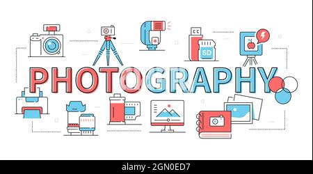 Photography - colorful red and blue line design banner. Pictures related to photo production. Camera, flash, lens, printer, memory card and other stuf Stock Vector