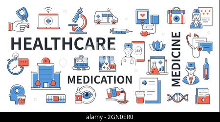 Healthcare and medicine - line design icon set in gentle blue and red-orange color. Several separate images on the banner, collected on the topic of h Stock Vector