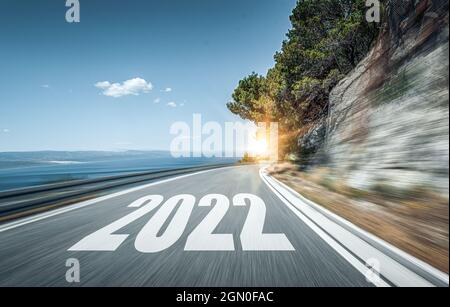 2022 New Year road trip travel and future vision concept Stock Photo