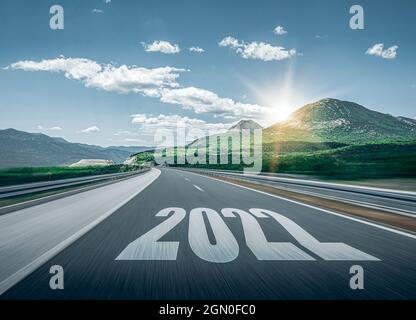 2022 New Year road trip travel and future vision concept Stock Photo
