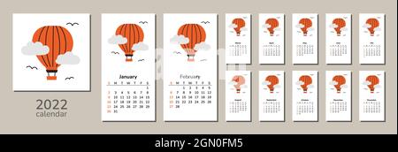 Square calendar 2022. Happy New Year. Tiger. Chinese horoscope. Motivational vector isolated illustration of air balloon. Meditation Relax Motivation Stock Vector