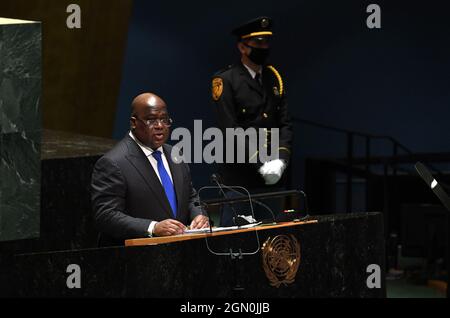 New York, United States. 21st Sep, 2021. Félix-Antoine Tshisekedi Tshilombo, President, Democratic Republic of the Congo speaks during the 76th Session of the U.N. General Assembly on Tuesday, September 21, 2021 in New York City. (Pool Photo by Timothy A. Clary/UPI) Credit: UPI/Alamy Live News Stock Photo