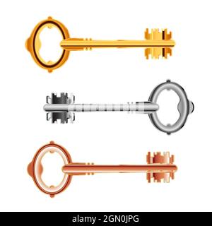 Set of old antique detailed door keys made of different metal like gold, silver and copper, isolated on white Stock Vector