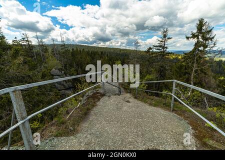 View from Weißmainfels to the coniferous forest in the Fichtelgebirge, Upper Franconia, Bavaria, Germany Stock Photo