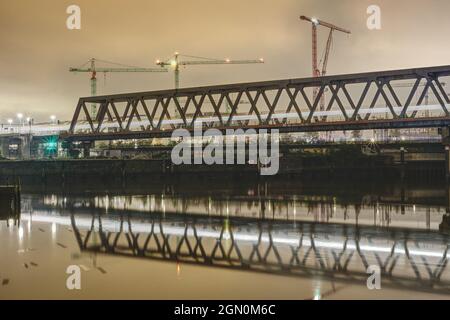 scenic night shot of railway bridge at night Stock Photo