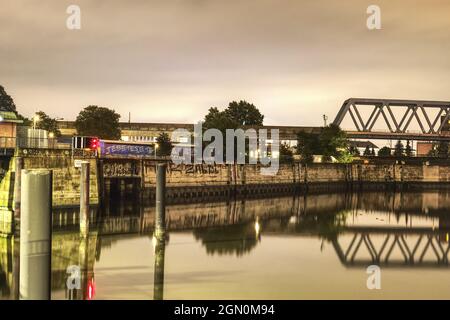 scenic night shot of railway bridge at night Stock Photo