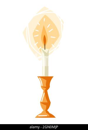 Illustration of burning candle in candlestick. Symbol of Faith and Religion. Stock Vector