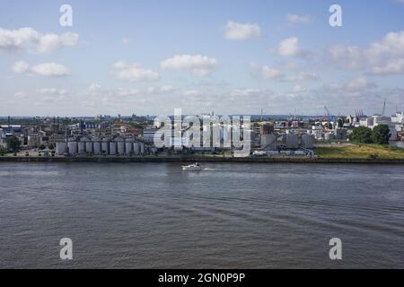 Hamburg, Germany - July 18, 2021 - the view from an observation deck, the Plaza, at the 8th floor of the Elbe Philharmonic Hall in the summer morning Stock Photo