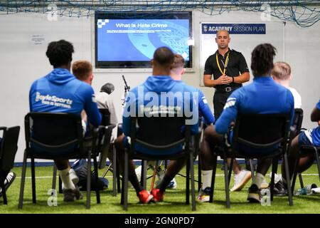 Retransmitting amending name from Stuart Hall to Pc Stuart Ward: Dedicated Football Hate Crime Officer Pc Stuart Ward, of West Midlands Police, speaks to Birmingham City Football Club's U23s at the team's Wast Hills training ground. The talk discussed what a hate crime is, the importance of reporting it and the impact it can have. Stock Photo