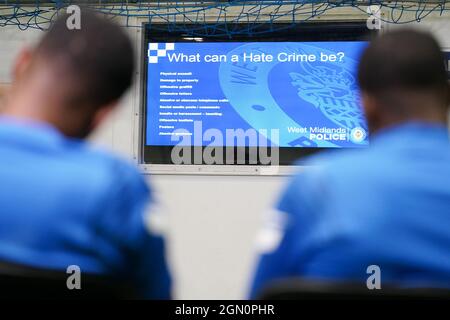 Retransmitting amending name from Stuart Hall to Pc Stuart Ward: Players listen to a talk by Dedicated Football Hate Crime Officer Pc Stuart Ward, of West Midlands Police, who spoke to Birmingham City Football Club's U23s at the team's Wast Hills training ground. The talk discussed what a hate crime is, the importance of reporting it and the impact it can have. Stock Photo