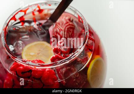 Punch prepared for Halloween party with decorative elements stylized as human organs, scary drink Stock Photo